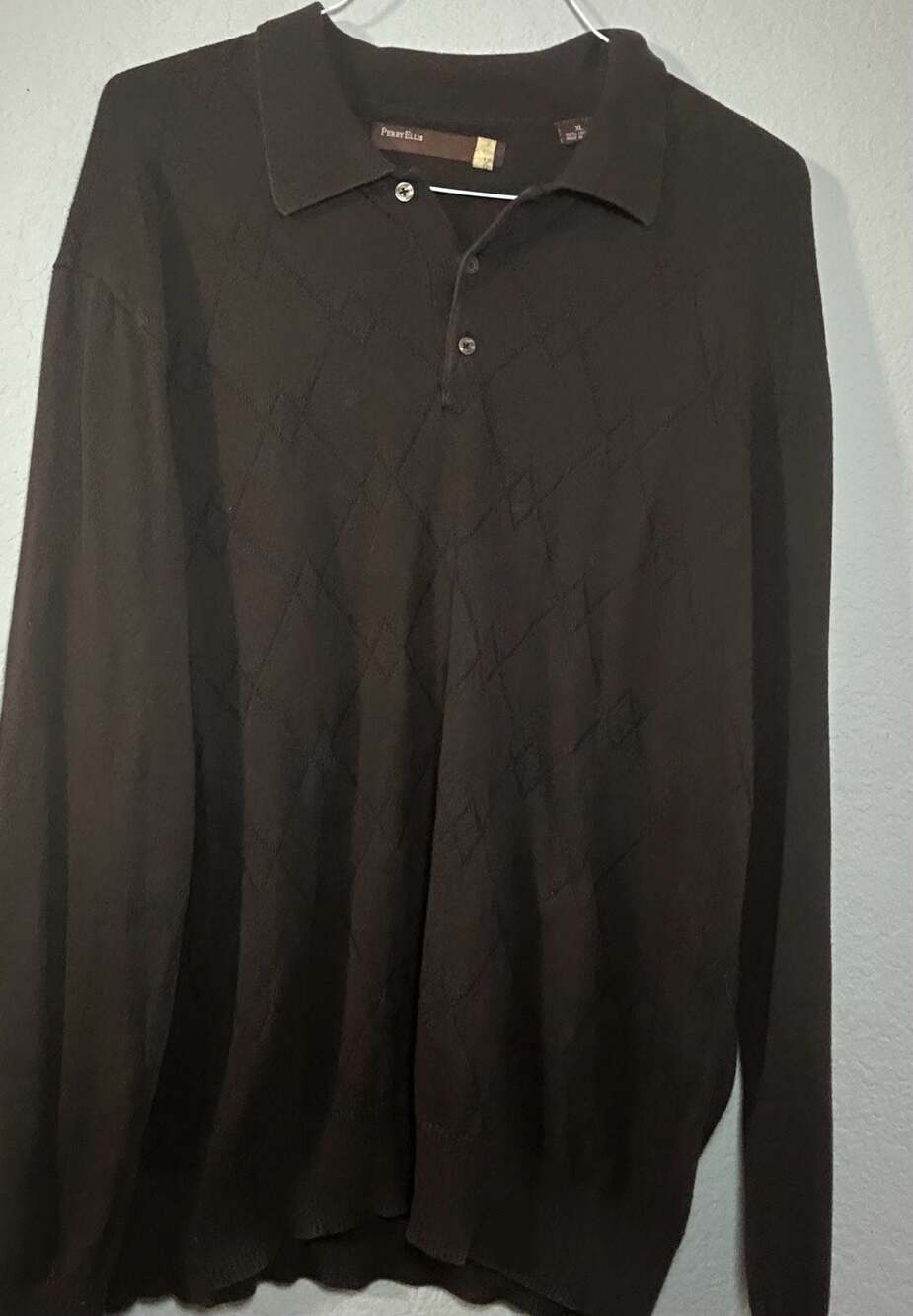 Perry Ellis Men's Brown 100% Cotton Argyle Pattern Long Sleeve Polo Sweater XL